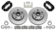 Wilwood Dynalite-M front brake kit, GM second-generation AFX ProSpindles, 11-inch plain rotors: Parts layout with two black Dynalite-M calipers, two plain integral rotor/hubs, pads, bearings, seals, wheel hardware and fasteners.