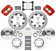 Wilwood Dynapro Radial front brake kit, GM second-generation AFX ProSpindles, 11.75-inch SRP rotors: Parts layout with two red Dynapro Radial calipers, drilled & slotted rotors, separate hubs, rotor adapters, pads, bearings and mounting hardware.