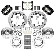 Wilwood Dynapro Radial front brake kit, GM second-generation AFX ProSpindles, 11.75-inch SRP rotors: Parts layout with two black Dynapro Radial calipers, drilled & slotted rotors, separate hubs, rotor adapters, pads, bearings and mounting hardware.