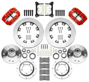 Wilwood Dynapro Radial front brake kit, GM second-generation AFX ProSpindles, 11.75-inch plain rotors: Parts layout with two red Dynapro Radial calipers, plain face rotors, separate hubs, rotor adapters, pads, bearings and mounting hardware.