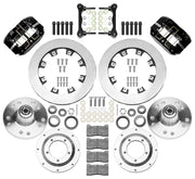Wilwood Dynapro Radial front brake kit, GM second-generation AFX ProSpindles, 11.75-inch plain rotors: Parts layout with two black Dynapro Radial calipers, plain face rotors, separate hubs, rotor adapters, pads, bearings and mounting hardware.