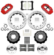 Wilwood Superlite 6R front brake kit, GM second-generation AFX ProSpindles, 12.88-inch SRP rotors: Parts layout with two red Superlite 6R calipers, drilled & slotted rotors, separate hubs, black rotor hats, pads, bearings and mounting hardware.