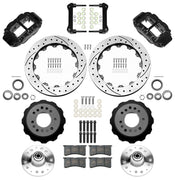 Wilwood Superlite 6R front brake kit, GM second-generation AFX ProSpindles, 12.88-inch SRP rotors: Parts layout with two black Superlite 6R calipers, drilled & slotted rotors, separate hubs, black rotor hats, pads, bearings and mounting hardware.