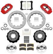 Wilwood Superlite 6R front brake kit, GM second-generation AFX ProSpindles, 12.88-inch GT rotors: Parts layout with two red Superlite 6R calipers, gt slotted rotors, separate hubs, black rotor hats, pads, bearings and mounting hardware.
