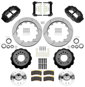 Wilwood Superlite 6R front brake kit, GM second-generation AFX ProSpindles, 12.88-inch GT rotors: Parts layout with two black Superlite 6R calipers, gt slotted rotors, separate hubs, black rotor hats, pads, bearings and mounting hardware.