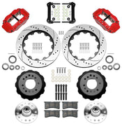 Wilwood Superlite 6R front brake kit, GM second-generation AFX ProSpindles, 14-inch SRP rotors: Parts layout with two red Superlite 6R calipers, drilled & slotted rotors, separate hubs, black rotor hats, pads, bearings and mounting hardware.