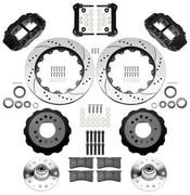Wilwood Superlite 6R front brake kit, GM second-generation AFX ProSpindles, 14-inch SRP rotors: Parts layout with two black Superlite 6R calipers, drilled & slotted rotors, separate hubs, black rotor hats, pads, bearings and mounting hardware.