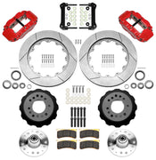 Wilwood Superlite 6R front brake kit, GM second-generation AFX ProSpindles, 14-inch GT rotors: Parts layout with two red Superlite 6R calipers, gt slotted rotors, separate hubs, black rotor hats, pads, bearings and mounting hardware.