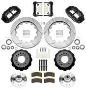 Wilwood Superlite 6R front brake kit, GM second-generation AFX ProSpindles, 14-inch GT rotors: Parts layout with two black Superlite 6R calipers, gt slotted rotors, separate hubs, black rotor hats, pads, bearings and mounting hardware.