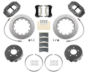 Wilwood BMW M3 and Z3 M Roadster front 13.06-inch GT-slotted brake kit layout with gray hard-anodized Superlite 6R calipers, rotor rings, hats, pads, brackets and fasteners and braided flexlines