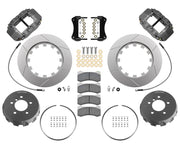 Wilwood BMW M3 and Z3 M Roadster front 14.00-inch GT-slotted brake kit layout with gray hard-anodized AERO6 calipers, rotor rings, hats, pads, brackets and fasteners and braided flexlines