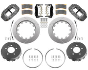 Wilwood BMW M3 rear 13.00-inch GT-slotted brake kit layout with gray hard-anodized Superlite 4R calipers, rotor rings, hats, pads, brackets and fasteners and braided flexlines