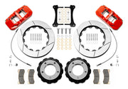 Wilwood Land Cruiser J200 and Lexus LX570 front 14.25-inch GT-slotted brake kit layout with red AERO6-DS calipers, rotor rings, hats, pads, brackets and fasteners and braided flexlines