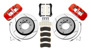 Wilwood Land Cruiser J200 and Lexus LX570 rear 14.50-inch GT-slotted brake kit layout with red AERO4-DS calipers, one-piece rotors, pads, brackets, flexlines and fasteners