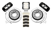 Wilwood Land Cruiser J200 and Lexus LX570 rear 14.50-inch GT-slotted brake kit layout with black AERO4-DS calipers, one-piece rotors, pads, brackets, flexlines and fasteners