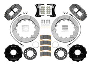 Wilwood Mazda MX-5 Miata front 12.88-inch GT-slotted brake kit layout with gray hard-anodized Superlite 6R calipers, rotor rings, hats, pads, brackets and fasteners and braided flexlines