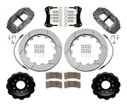 Wilwood C4 Corvette front 12.88-inch GT-slotted brake kit layout with gray hard-anodized Superlite 6R calipers, rotor rings, hats, pads, brackets and fasteners and braided flexlines