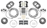 Wilwood Camaro and Firebird front 12.19-inch GT-slotted brake kit layout with gray hard-anodized Superlite 4R calipers, rotor rings, separate hats, aluminum hubs, bearings, pads, brackets, braided flexlines and fasteners