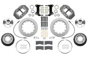 Wilwood Camaro and Firebird front 13.06-inch GT-slotted brake kit layout with gray hard-anodized Superlite 4R calipers, rotor rings, separate hats, aluminum hubs, bearings, pads, brackets, braided flexlines and fasteners