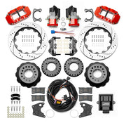 Wilwood Big Ford New Style 2.36-inch-offset axle rear kit laid out with red Superlite 4R service calipers, separate electric parking calipers, 14.00-inch drilled-and-slotted rotors, brackets, pads, wiring harness and controller