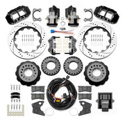 Wilwood Big Ford New Style 2.36-inch-offset axle rear kit laid out with black Superlite 4R service calipers, separate electric parking calipers, 14.00-inch drilled-and-slotted rotors, brackets, pads, wiring harness and controller
