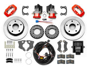 Wilwood Big Ford Bronco 2.00-inch-offset axle rear kit laid out with red Dynalite service calipers, separate electric parking calipers, 12.19-inch plain-face rotors, brackets, pads, wiring harness and controller