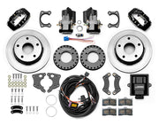 Wilwood Big Ford Bronco 2.36-inch-offset axle rear kit laid out with black Dynalite service calipers, separate electric parking calipers, 12.19-inch plain-face rotors, brackets, pads, wiring harness and controller
