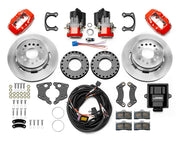 Wilwood Big Ford 2.36-inch-offset axle rear kit laid out with red Dynalite service calipers, separate electric parking calipers, 12.19-inch plain-face rotors, brackets, pads, wiring harness and controller