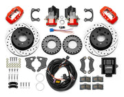 Wilwood Small Ford Bronco 2.36-inch-offset axle rear kit laid out with red Dynalite service calipers, separate electric parking calipers, 12.19-inch drilled-and-slotted rotors, brackets, pads, wiring harness and controller