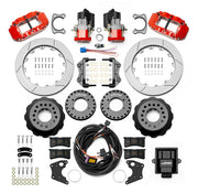 Wilwood Small Ford 2.50-inch-offset axle rear kit laid out with red Superlite 4R service calipers, separate electric parking calipers, 12.88-inch GT-slotted rotors, brackets, pads, wiring harness and controller