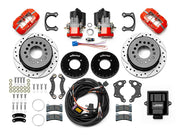 Wilwood Small Ford 2.66-inch-offset axle rear kit laid out with red Dynapro Low Profile service calipers, separate electric parking calipers, 11.00-inch drilled-and-slotted rotors, brackets, pads, wiring harness and controller