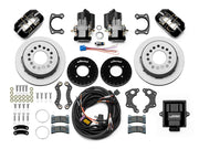 Wilwood Small Ford 2.66-inch-offset axle rear kit laid out with black Dynapro Low Profile service calipers, separate electric parking calipers, 11.00-inch plain-face rotors, brackets, pads, wiring harness and controller