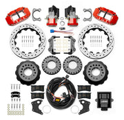 Wilwood Small Ford 2.66-inch-offset axle rear kit laid out with red Superlite 4R service calipers, separate electric parking calipers, 12.88-inch drilled-and-slotted rotors, brackets, pads, wiring harness and controller