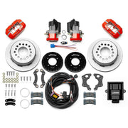 Wilwood 12 Bolt 2.75-inch-offset axle rear kit laid out with red Dynapro Low Profile service calipers, separate electric parking calipers, 11.00-inch plain-face rotors, brackets, pads, wiring harness and controller