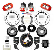 Wilwood 12 Bolt 2.75-inch-offset axle rear kit laid out with red Superlite 4R service calipers, separate electric parking calipers, 12.88-inch drilled-and-slotted rotors, brackets, pads, wiring harness and controller