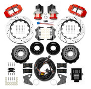 Wilwood 12 Bolt 2.75-inch-offset axle rear kit laid out with red Superlite 4R service calipers, separate electric parking calipers, 14.00-inch drilled-and-slotted rotors, brackets, pads, wiring harness and controller