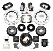 Wilwood 12 Bolt 2.75-inch-offset axle rear kit laid out with black Superlite 4R service calipers, separate electric parking calipers, 14.00-inch drilled-and-slotted rotors, brackets, pads, wiring harness and controller