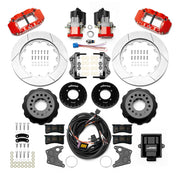Wilwood 12 Bolt 2.75-inch-offset axle rear kit laid out with red Superlite 4R service calipers, separate electric parking calipers, 14.00-inch GT-slotted rotors, brackets, pads, wiring harness and controller
