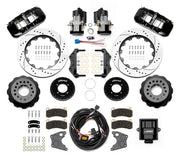 Wilwood 12 Bolt 2.75-inch-offset axle rear kit laid out with black AERO4 service calipers, separate electric parking calipers, 14.00-inch drilled-and-slotted rotors, brackets, pads, wiring harness and controller