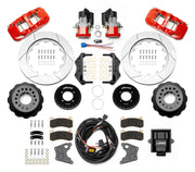 Wilwood 12 Bolt 2.75-inch-offset axle rear kit laid out with red AERO4 service calipers, separate electric parking calipers, 14.00-inch GT-slotted rotors, brackets, pads, wiring harness and controller