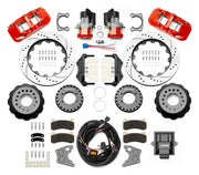 Wilwood red rear brake kit for Small Ford 2.50-inch offset applications, laid out with drilled and slotted 14.00-inch rotors, hats, service and electric parking calipers, pads, wiring harness, controller and brackets