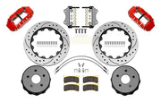 Wilwood red rear brake kit for Jeep Gladiator JT applications, laid out with drilled and slotted 14.00-inch rotors, hats, pads, brackets and hardware