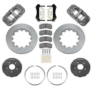 Wilwood gray anodized front brake kit for AERO4-ST GM road-race applications, laid out with slotted 14.00-inch rotors, hats, pads, brackets and hardware