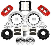 Wilwood red front brake kit for GM second-generation AFX ProSpindle applications, laid out with two-piece drilled and slotted 14.00-inch rotors, hubs, bearings, pads, brackets and fasteners
