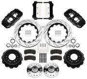 Wilwood black front brake kit for GM second-generation AFX ProSpindle applications, laid out with two-piece drilled and slotted 14.00-inch rotors, hubs, bearings, pads, brackets and fasteners