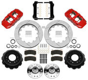 Wilwood red front brake kit for GM second-generation AFX ProSpindle applications, laid out with two-piece slotted 14.00-inch rotors, hubs, bearings, pads, brackets and fasteners