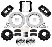 Wilwood black front brake kit for GM AFX ProSpindle applications, laid out with two-piece slotted 14.00-inch rotors, hubs, bearings, pads, brackets and fasteners