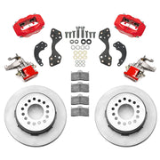 Wilwood red rear brake kit for Currie Pro-Tour drilled-pattern floater applications, laid out with vented undrilled 12.19-inch rotors, hydraulic calipers, separate MC4 parking calipers, pads, brackets and hardware