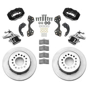 Wilwood black rear brake kit for Currie Pro-Tour drilled-pattern floater applications, laid out with vented undrilled 12.19-inch rotors, hydraulic calipers, separate MC4 parking calipers, pads, brackets and hardware