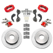Wilwood red rear brake kit for Currie Pro-Tour blank-pattern floater applications, laid out with vented undrilled 12.19-inch rotors, hydraulic calipers, separate MC4 parking calipers, pads, brackets and hardware